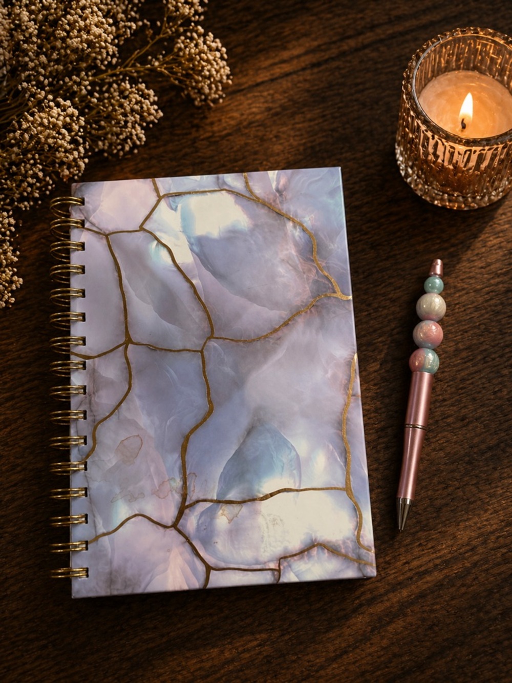 Beautiful handmade beaded pen with marbled Journal  hardcover Notebook